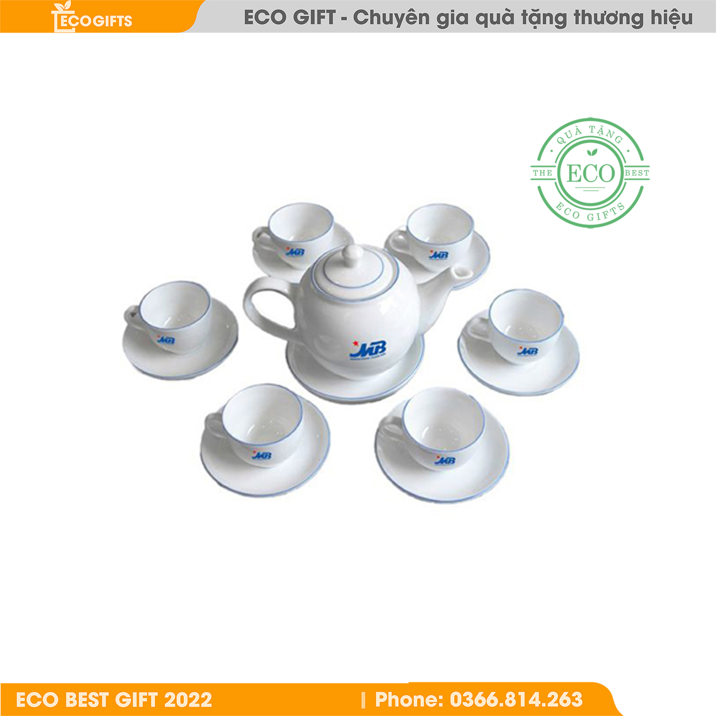 Bộ ấm chén gốm sứ trắng in logo doanh nghiệp EC-14005