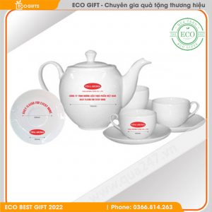 Bộ ấm chén gốm sứ trắng in logo doanh nghiệp EC-140197