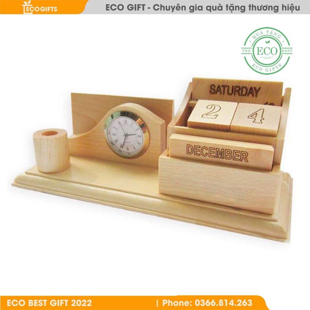 Set quà tặng lịch đồng hồ để bàn gỗ in logo EC-16096